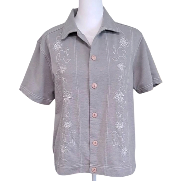 [Kenneth Too] Gray Embroidered Collard Button Front Women's Top Size XL Petite - Picture 1 of 4